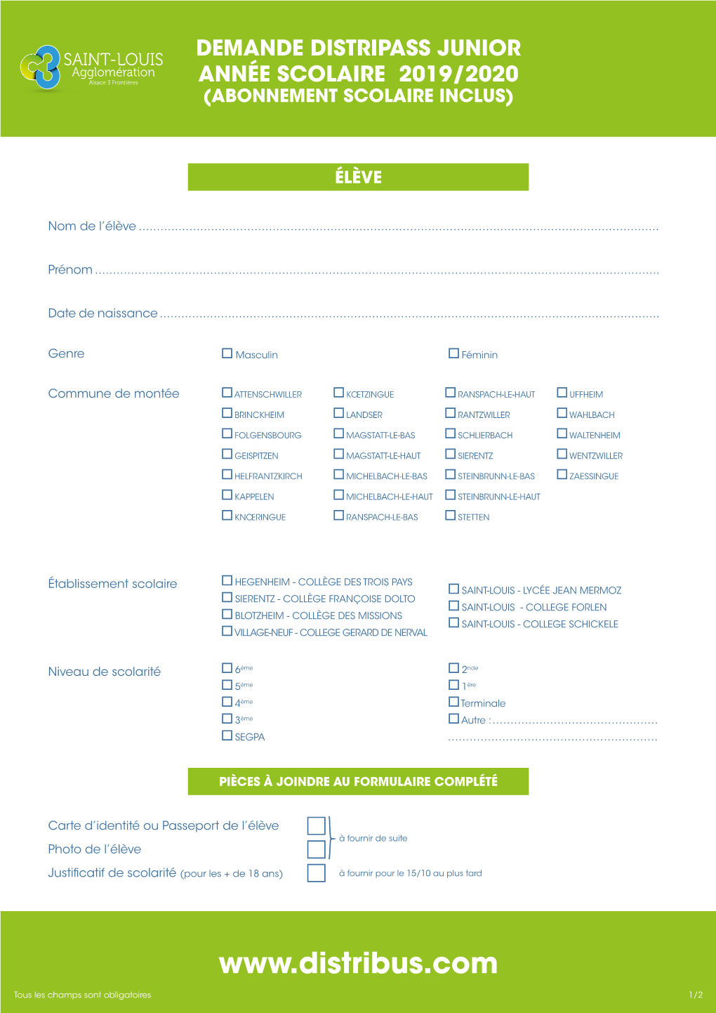 Demande Distripass Junior Année Scolaire 2019/2020 (Abonnement Scolaire Inclus)