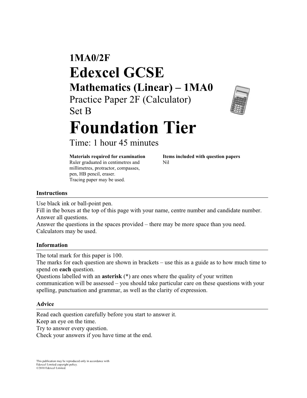 Materials Required for Examination Items Included with Question Papers s2