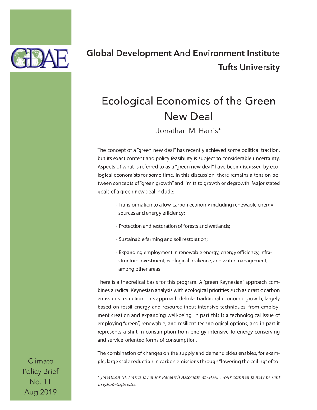 Ecological Economics of the Green New Deal Jonathan M