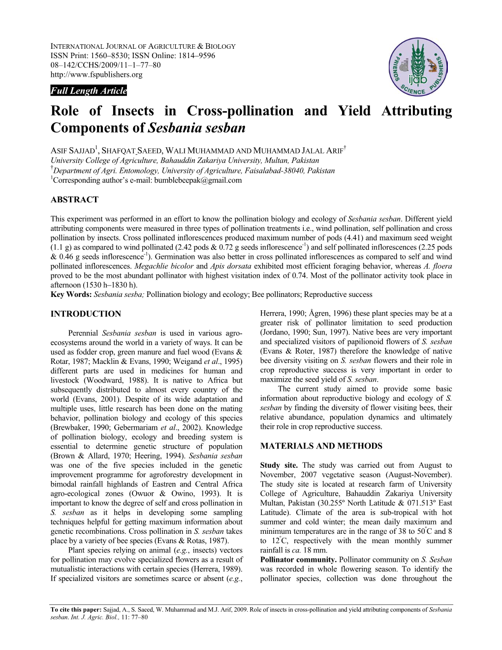 Role of Insects in Cross-Pollination and Yield Attributing Components of Sesbania Sesban