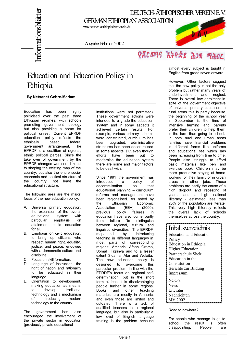 Informationsblätter Education and Education Policy in Ethiopia
