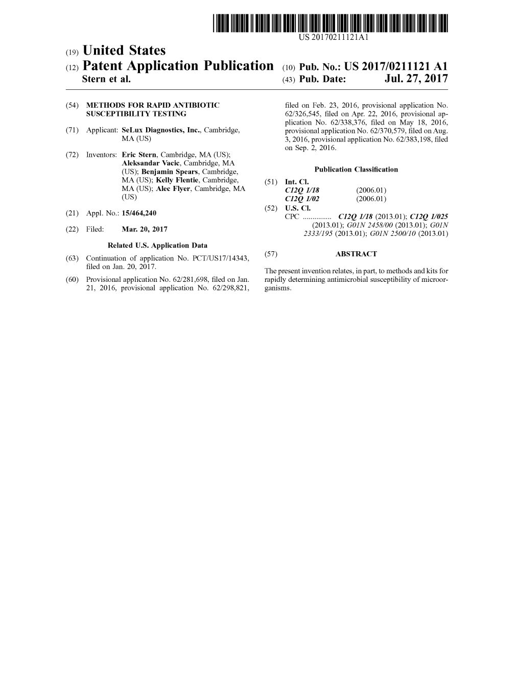 (12) Patent Application Publication (10) Pub. No.: US 2017/0211121 A1 Stern Et Al