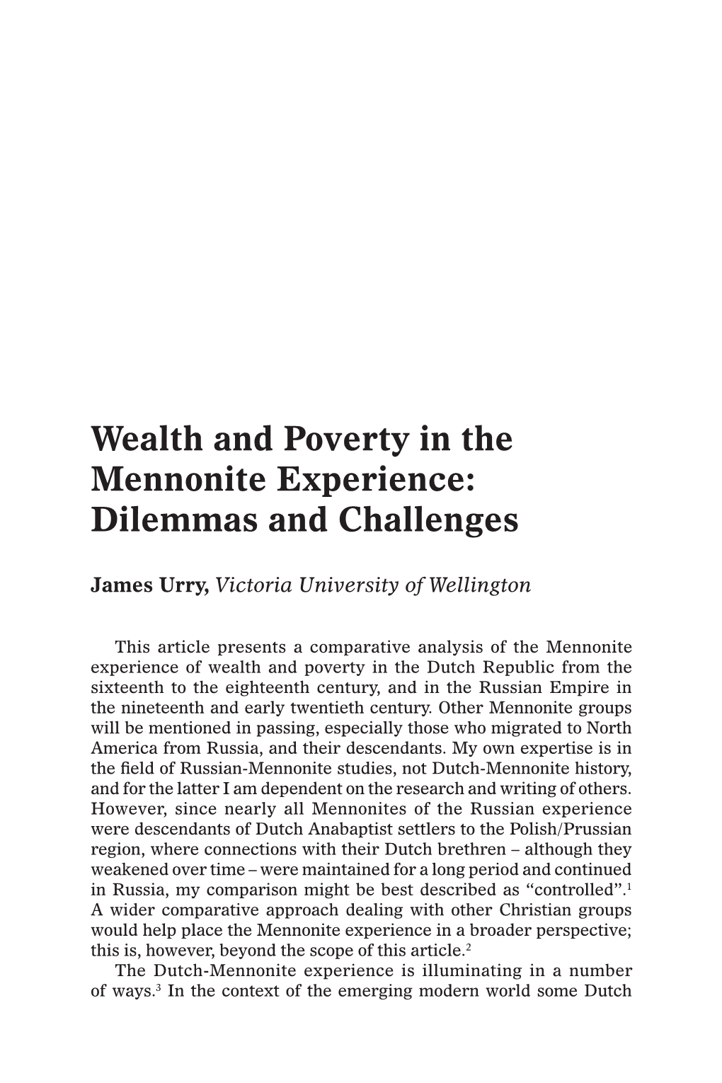 Wealth and Poverty in the Mennonite Experience: Dilemmas and Challenges