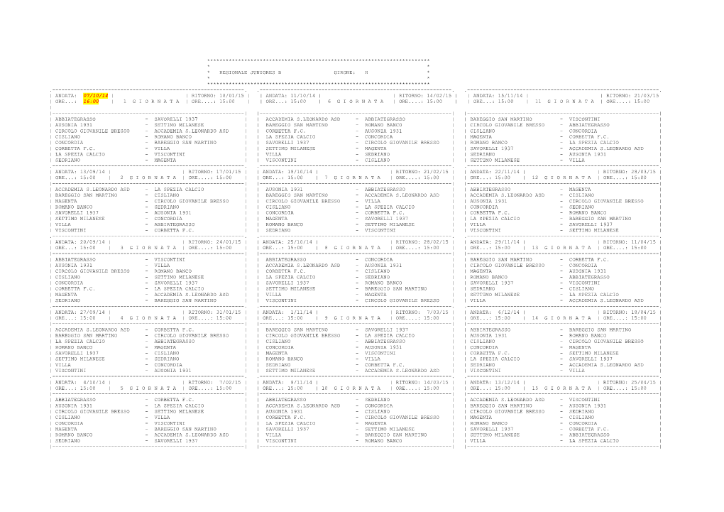 Regionale Juniores B Girone: H * * * ************************************************************************