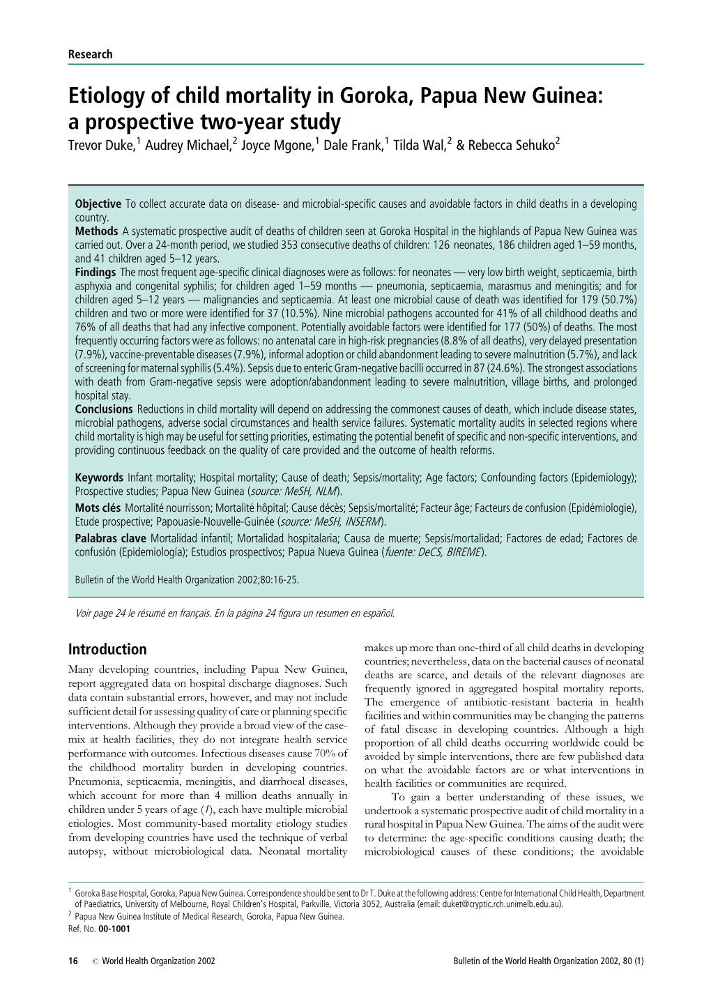 Etiology of Child Mortality in Goroka, Papua New Guinea