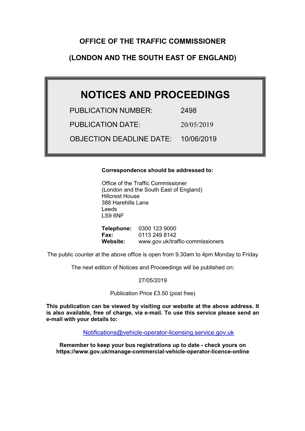 Notices and Proceedings for London and the South East Of