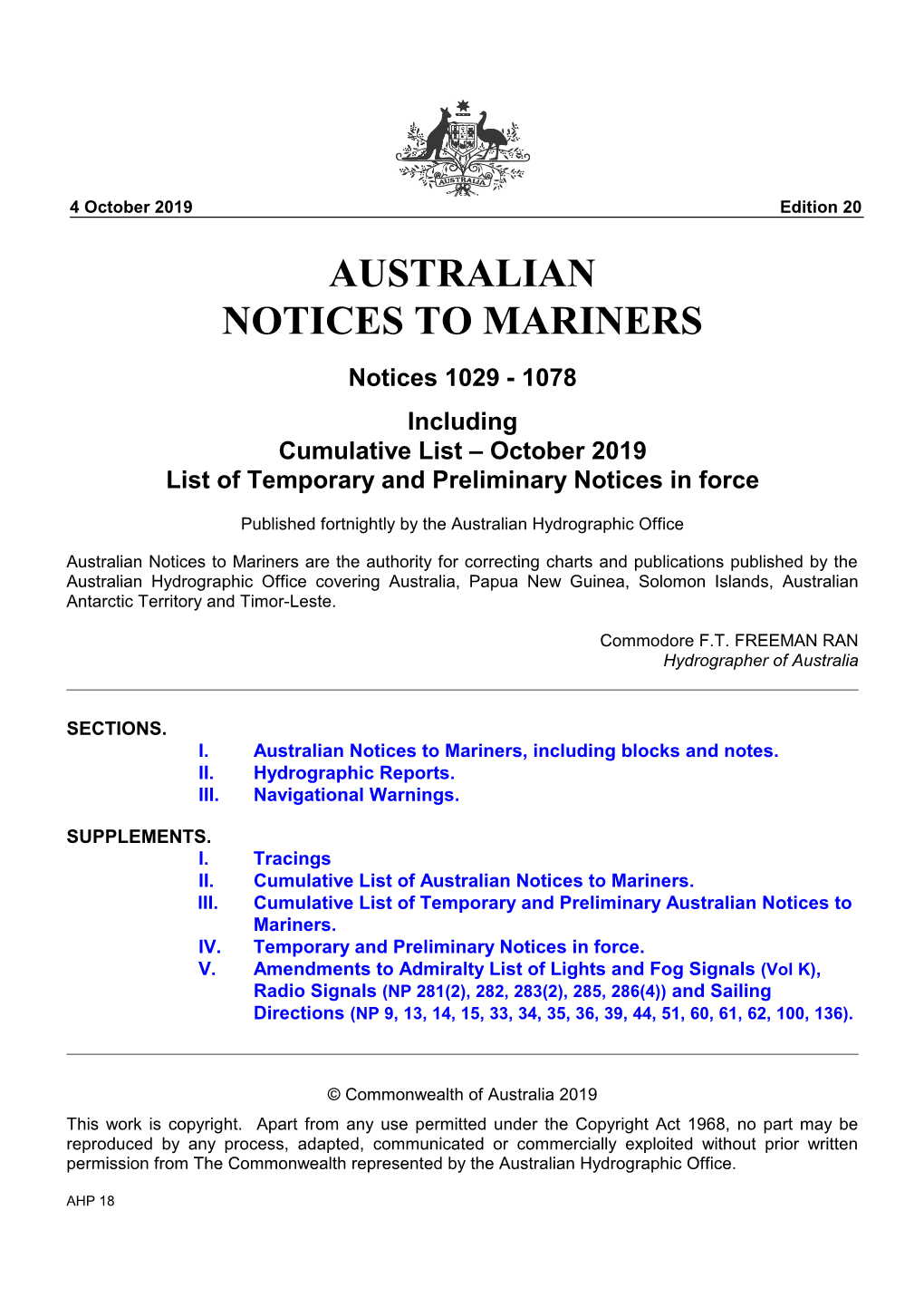 AUSTRALIAN NOTICES to MARINERS Notices 1029 - 1078 Including Cumulative List – October 2019 List of Temporary and Preliminary Notices in Force