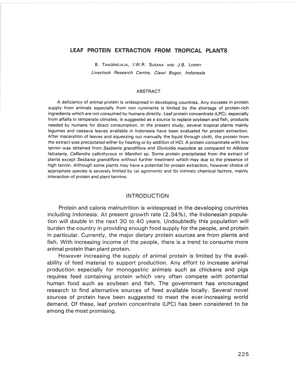 Leaf Protein Extraction from Tropical Plants