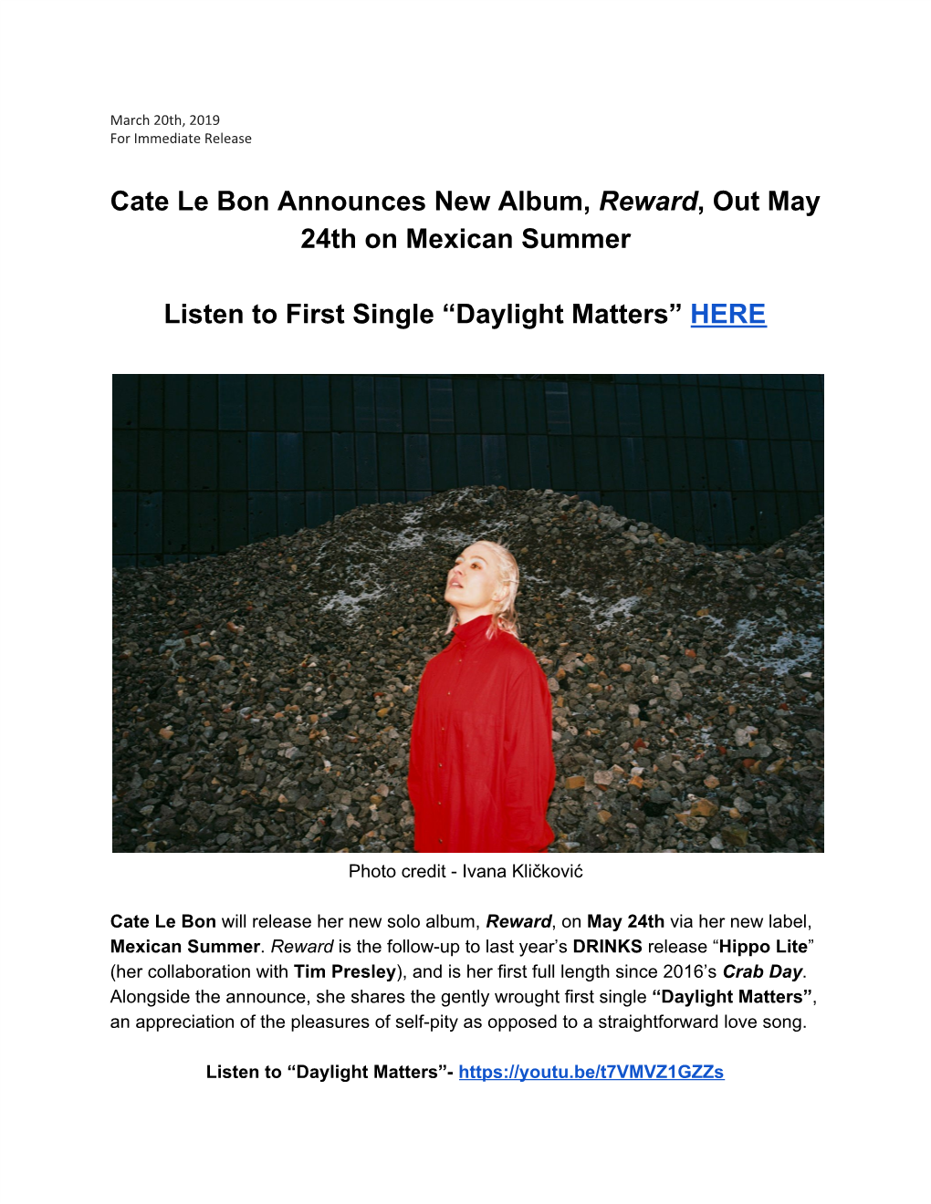 March 20, 2019 Cate Le Bon Announces New Album, Reward