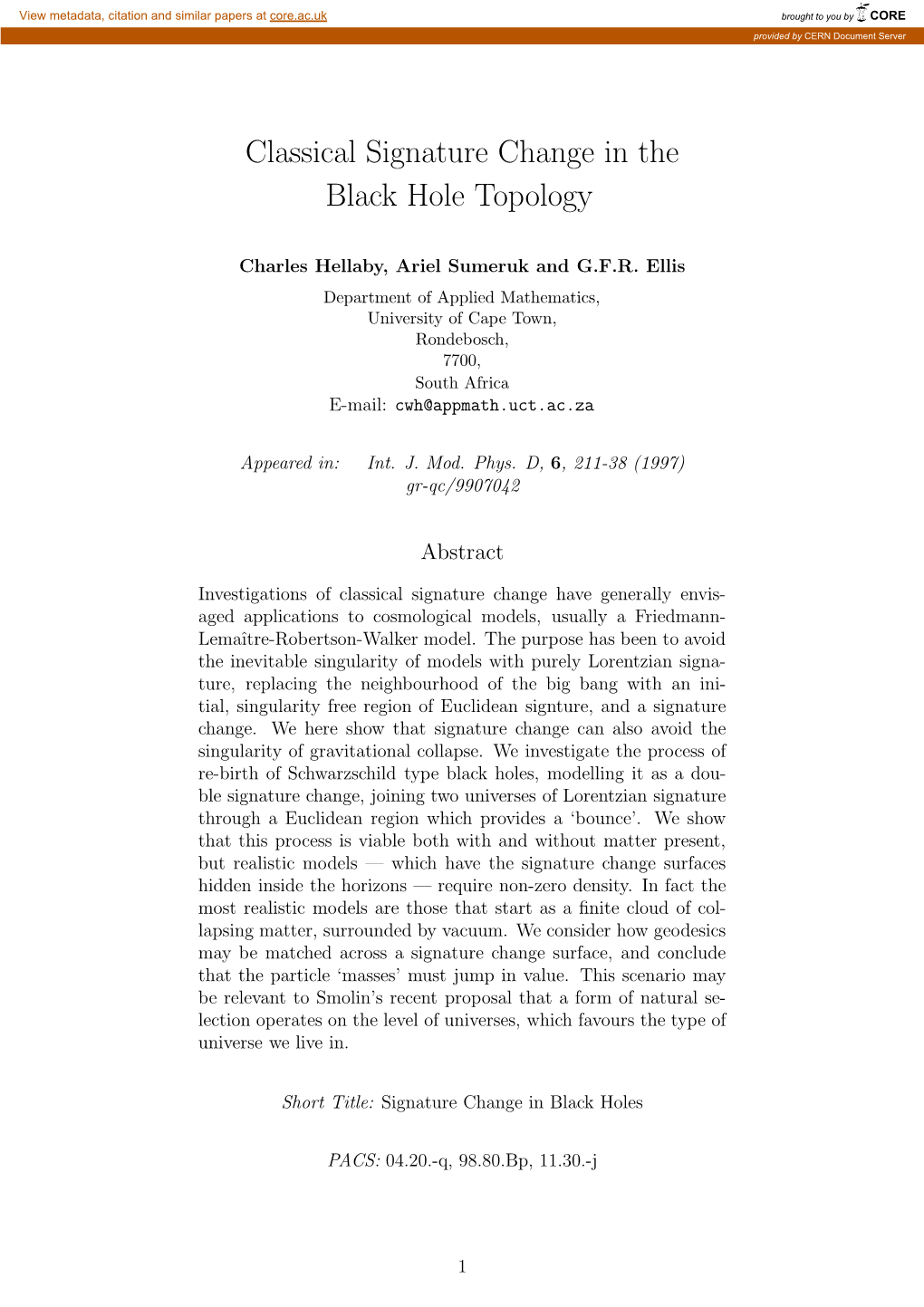 Classical Signature Change in the Black Hole Topology