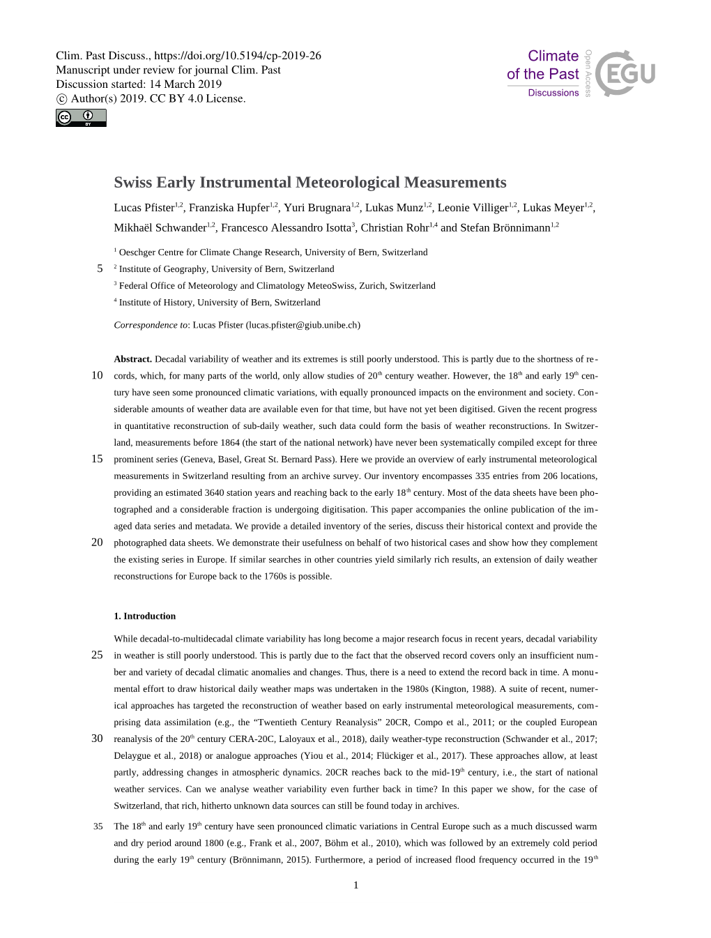 Swiss Early Instrumental Meteorological Measurements