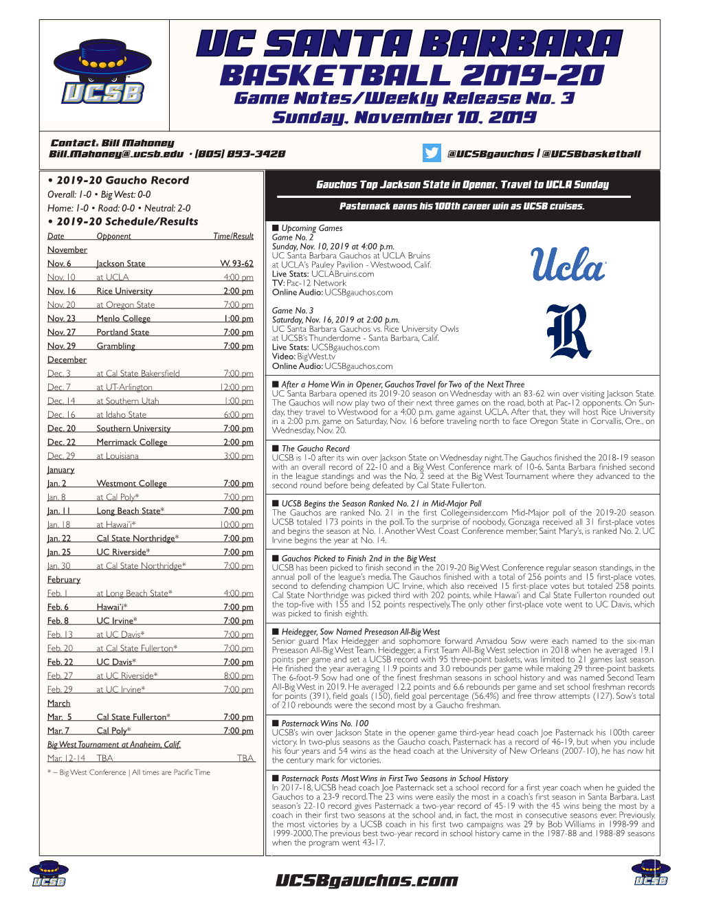 BASKETBALL 2019-20 Game Notes/Weekly Release No