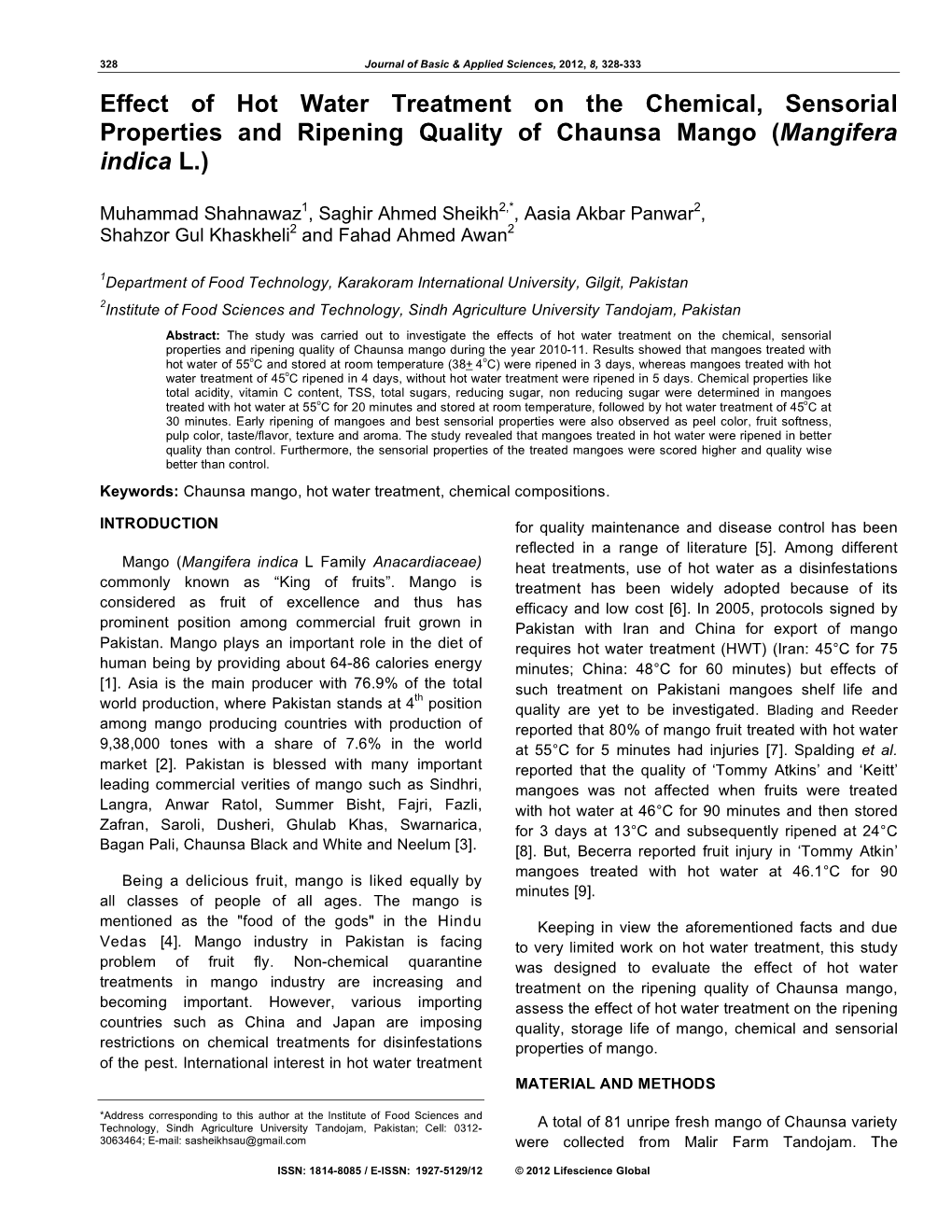 Effect of Hot Water Treatment on the Chemical, Sensorial Properties and Ripening Quality of Chaunsa Mango (Mangifera Indica L.)