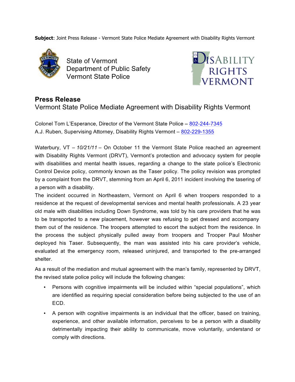 Vermont State Police Mediate Agreement with Disability Rights Vermont