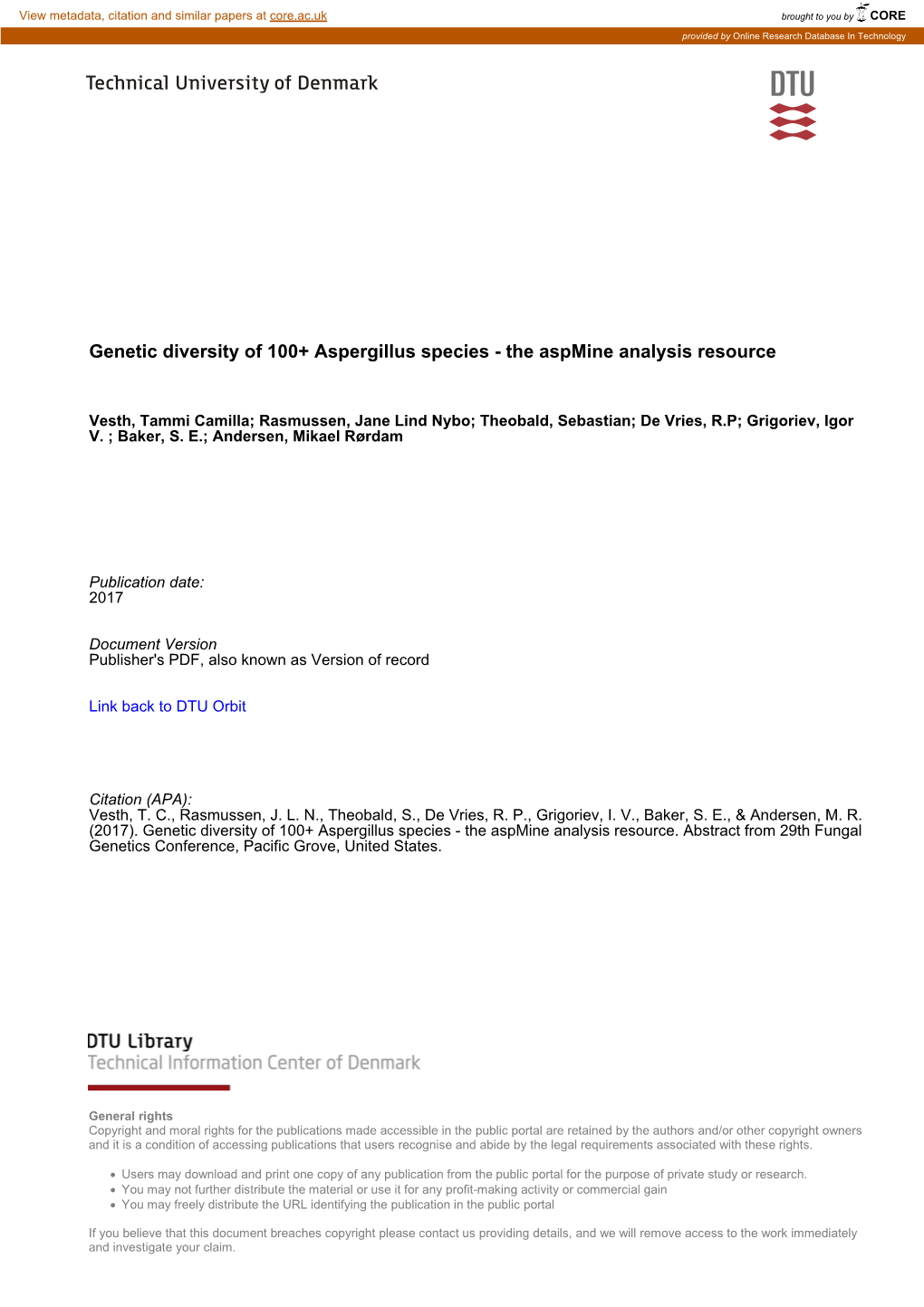 Genetic Diversity of 100+ Aspergillus Species - the Aspmine Analysis Resource