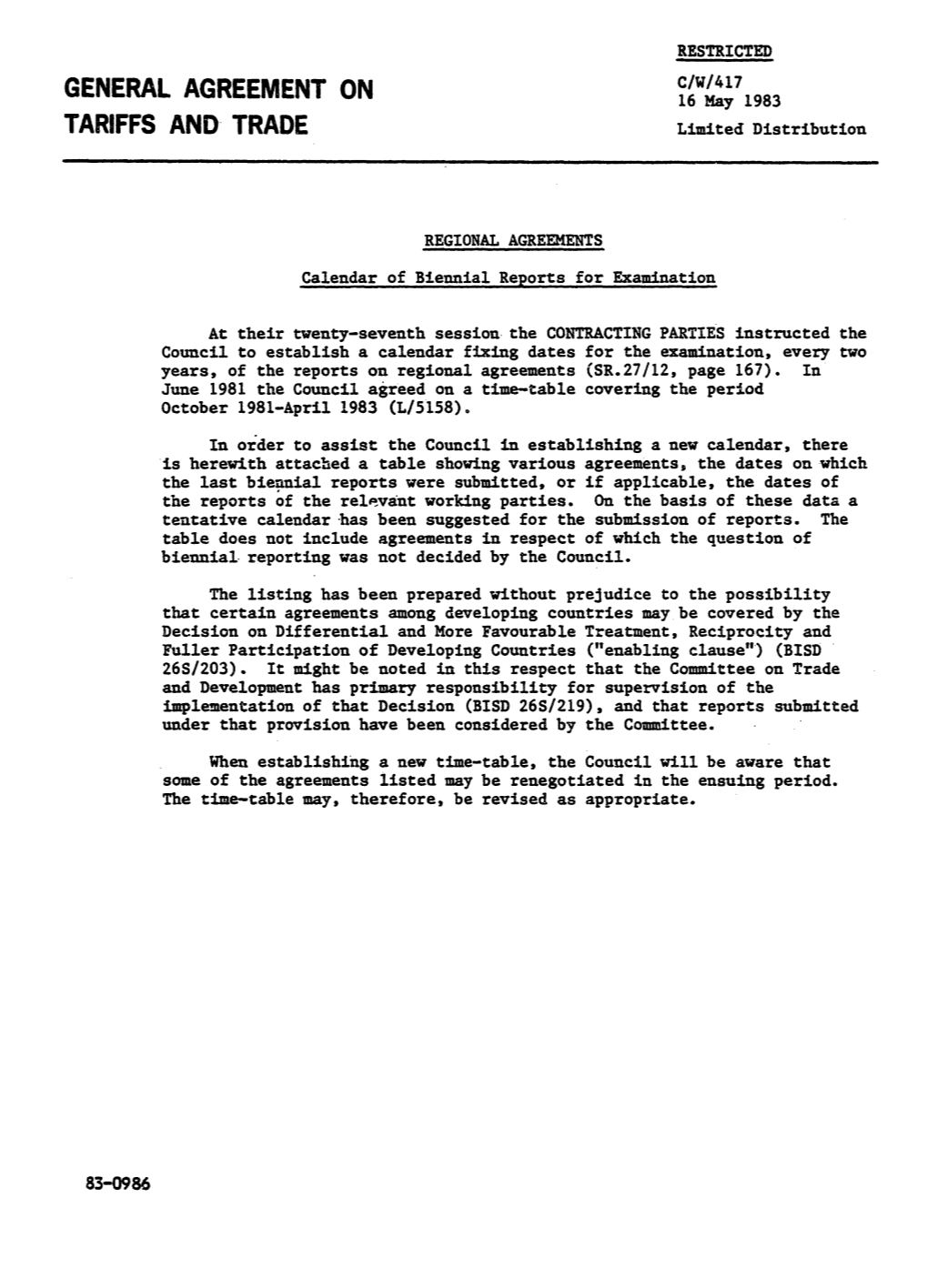 GENERAL AGREEMENT on C/W/41716 May 1983 TARIFFS and TRADE Limited Distribution