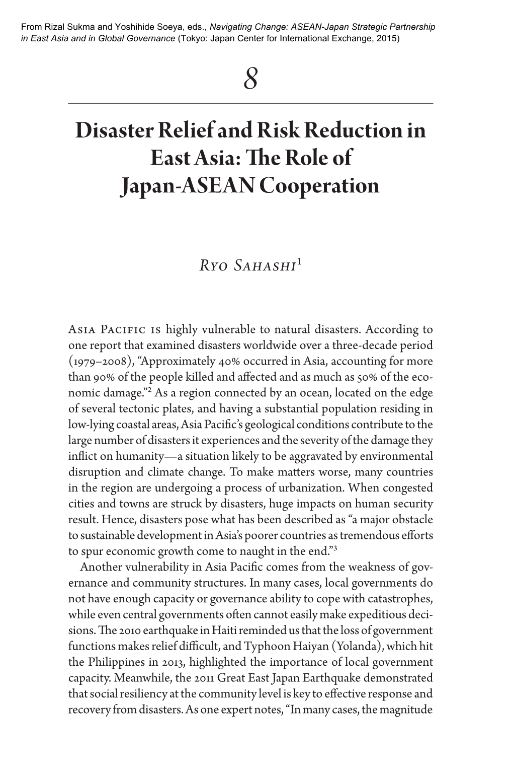 Disaster Relief and Risk Reduction in East Asia: the Role of Japan-ASEAN Cooperation