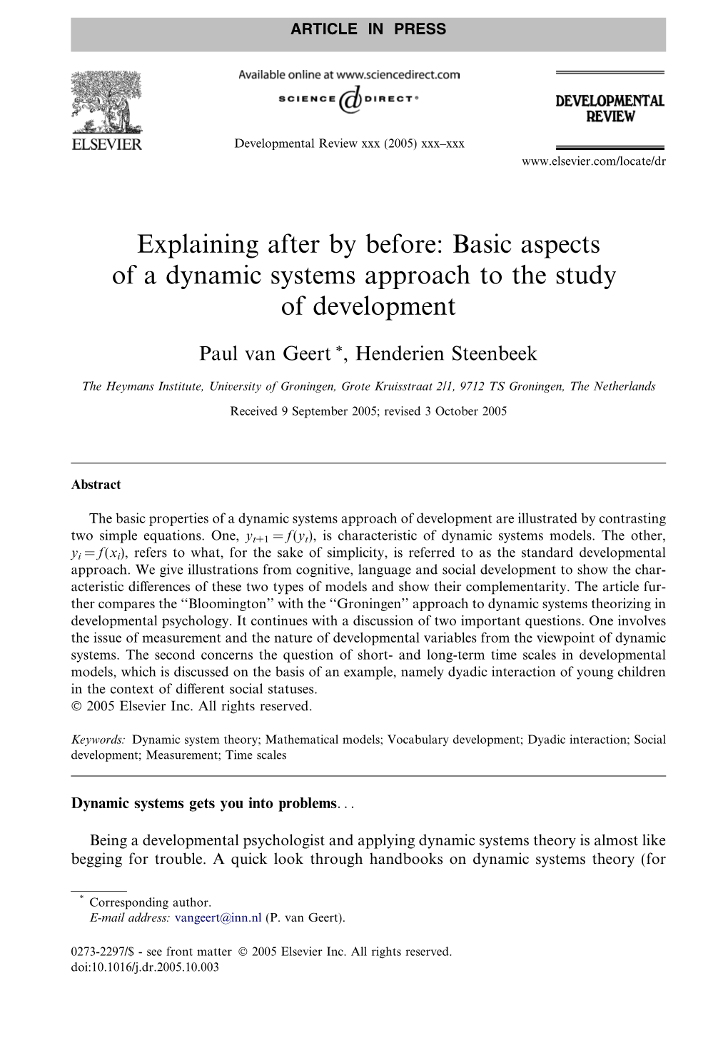 Explaining After by Before: Basic Aspects of a Dynamic Systems Approach to the Study of Development