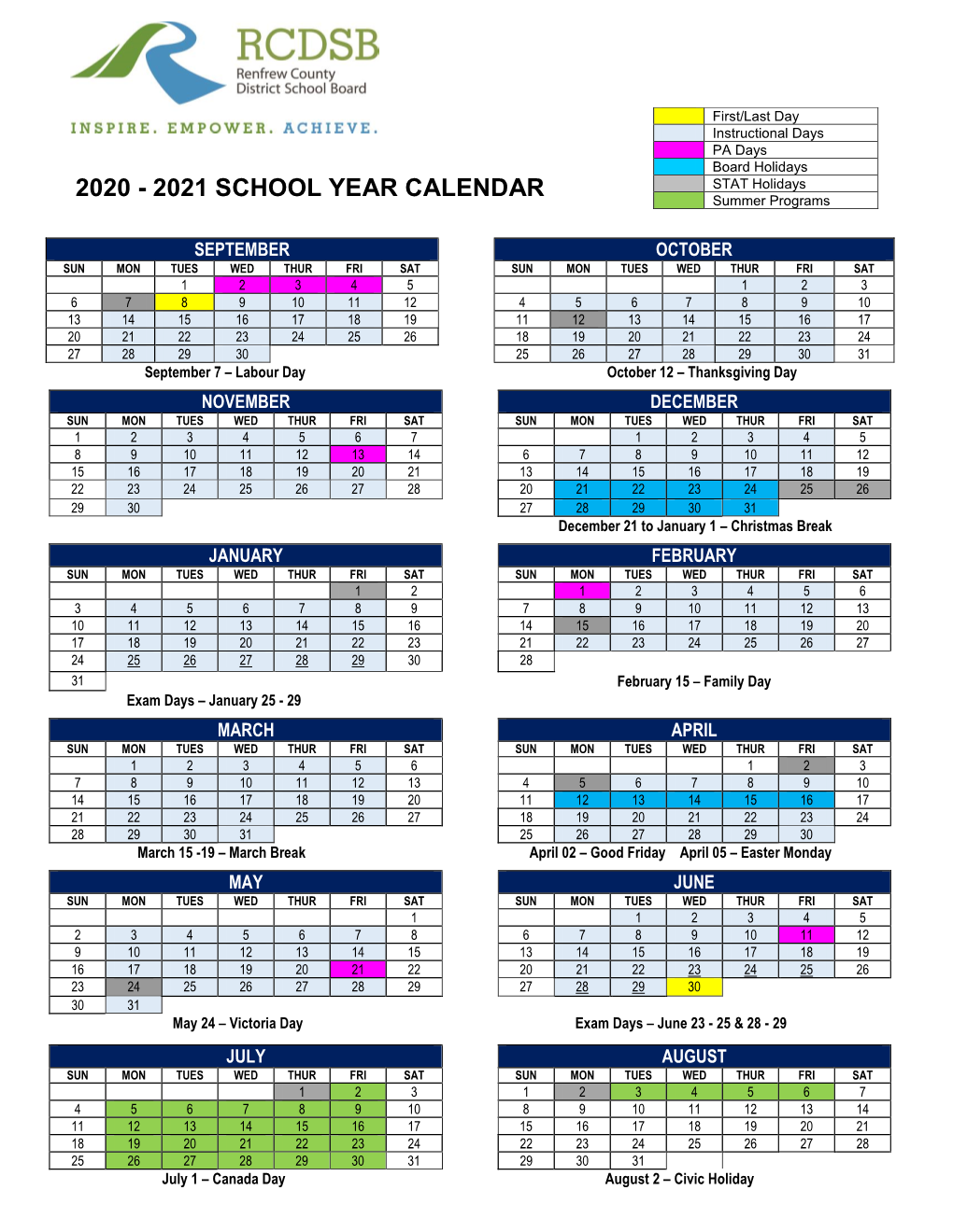 2020 - 2021 SCHOOL YEAR CALENDAR STAT Holidays Summer Programs