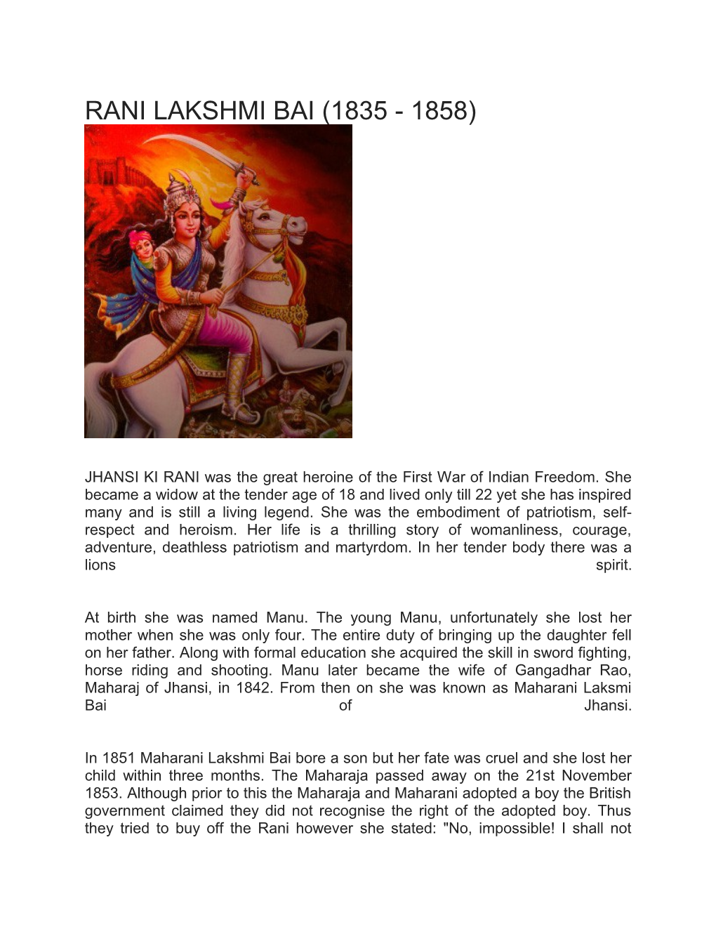 Rani Lakshmi Bai (1835 - 1858)