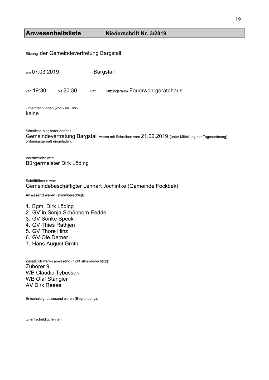 Anwesenheitsliste Niederschrift Nr