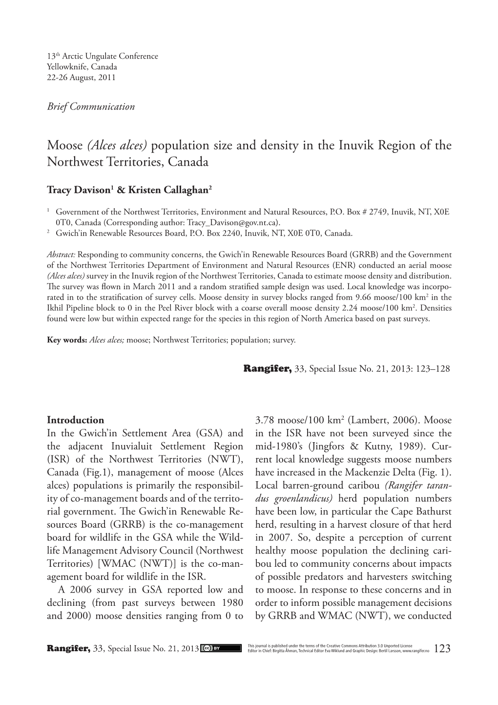 Moose (Alces Alces) Population Size and Density in the Inuvik Region of the Northwest Territories, Canada