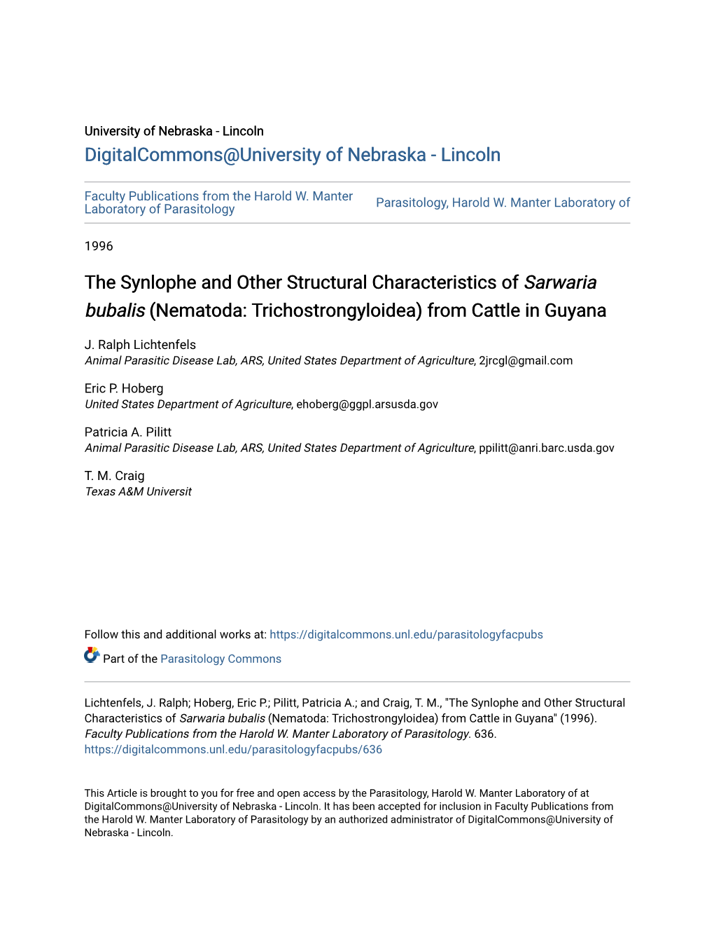 The Synlophe and Other Structural Characteristics of Sarwaria Bubalis (Nematoda: Trichostrongyloidea) from Cattle in Guyana