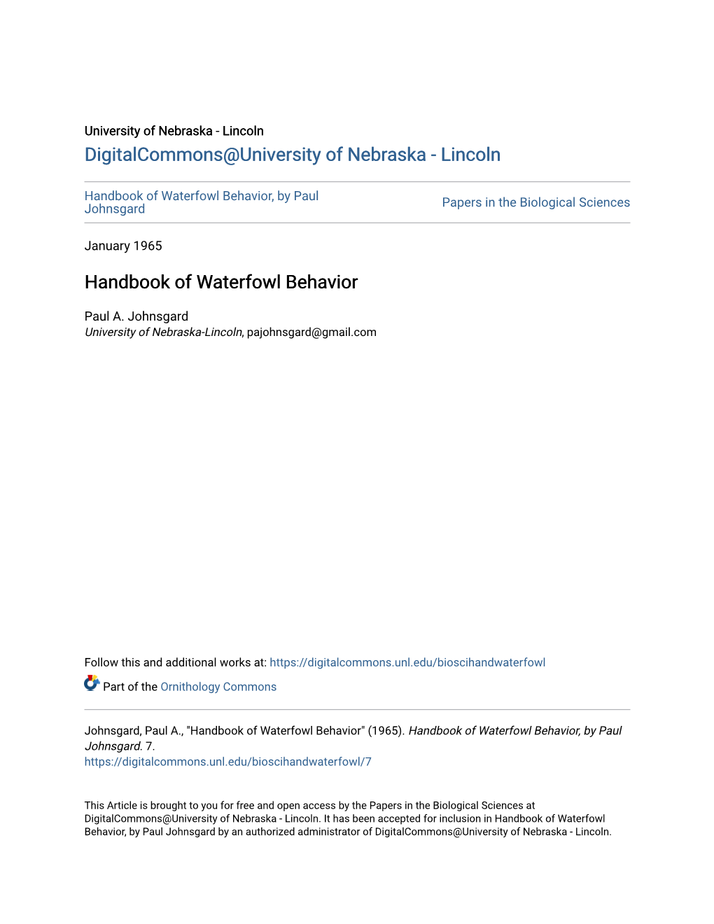 Handbook of Waterfowl Behavior, by Paul Johnsgard Papers in the Biological Sciences