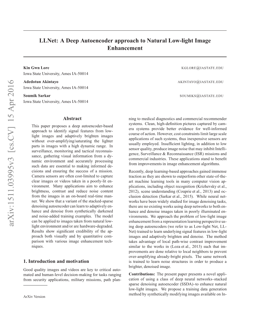 Llnet: a Deep Autoencoder Approach to Natural Low-Light Image