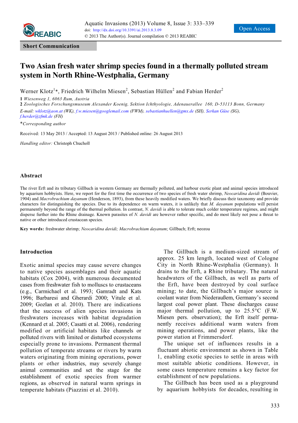 Two Asian Fresh Water Shrimp Species Found in a Thermally Polluted Stream System in North Rhine-Westphalia, Germany