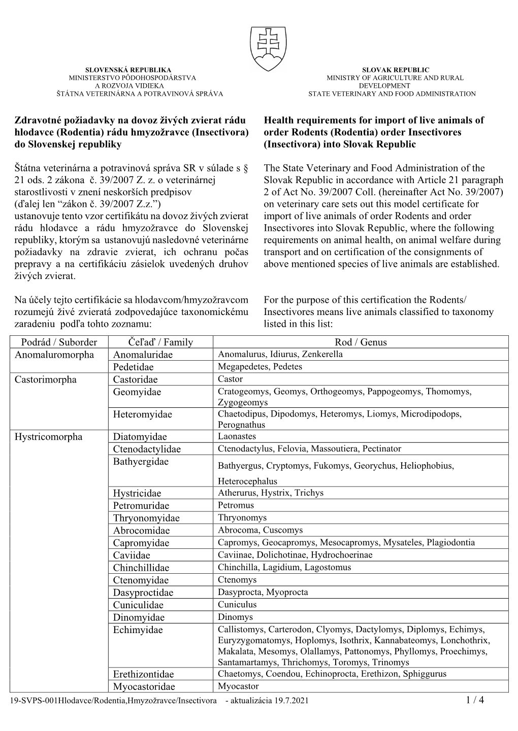 1 / 4 Zdravotné Požiadavky Na Dovoz Živých Zvierat Rádu Hlodavce