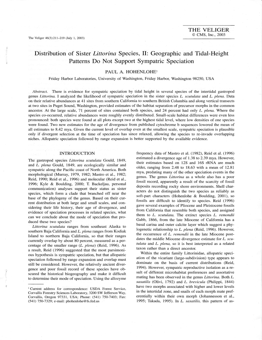 Distribution of Sister Littorina Species, II: Geographic and Tidal-Height Patterns Do Not Support Sympatric Speciation