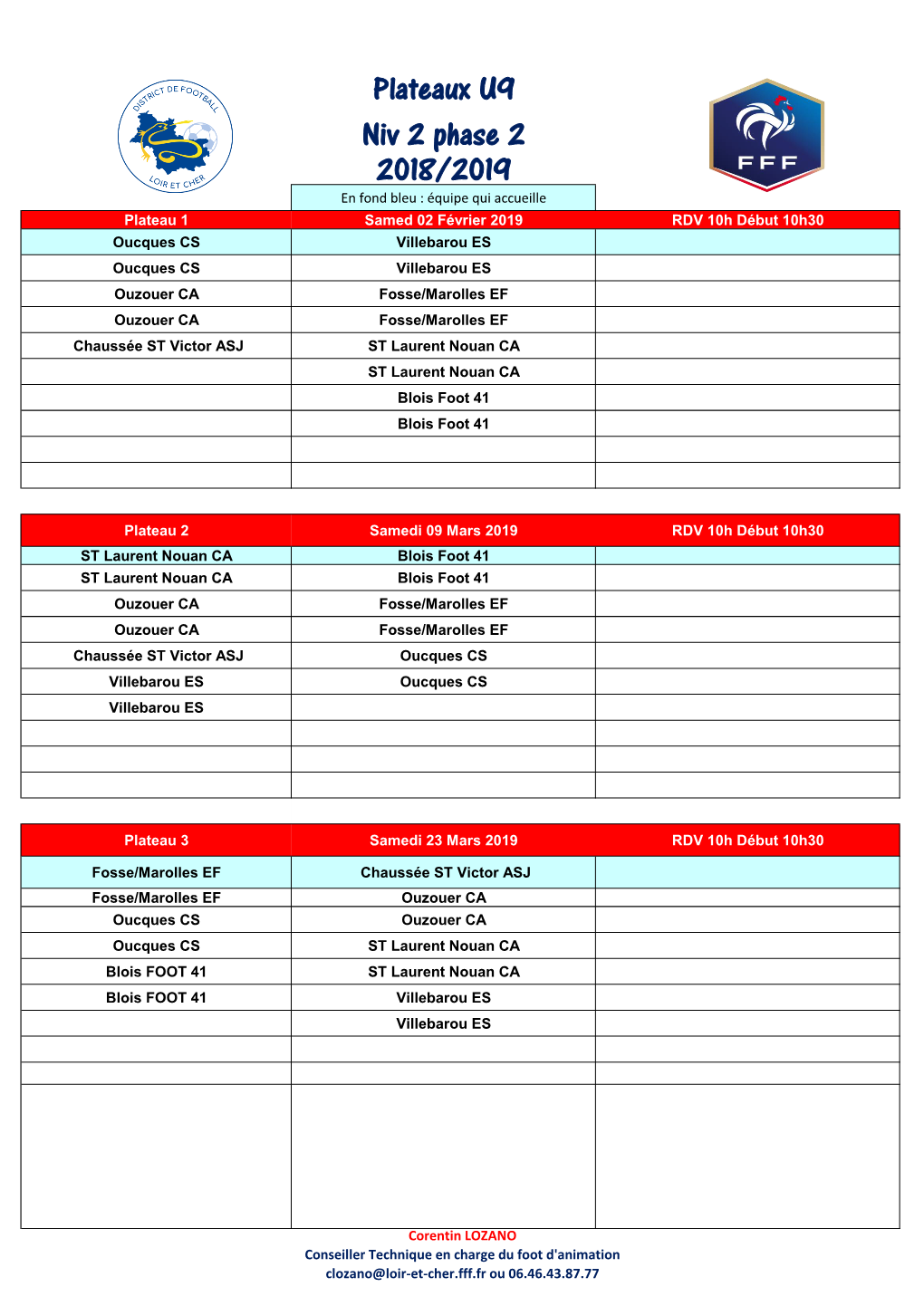 2018/2019 Plateaux U9 Niv 2 Phase 2