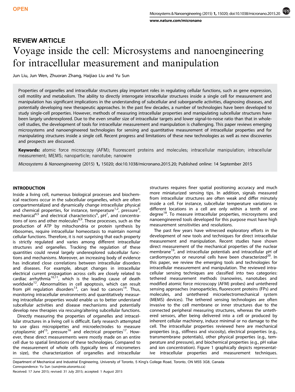 Microsystems and Nanoengineering for Intracellular Measurement and Manipulation