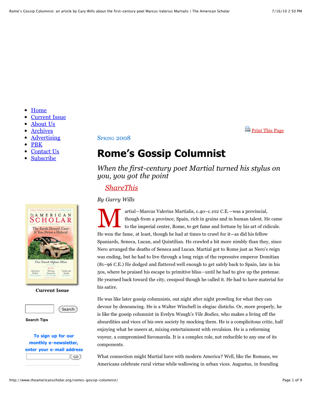 Rome's Gossip Columnist: an Article by Gary Wills About the First-Century