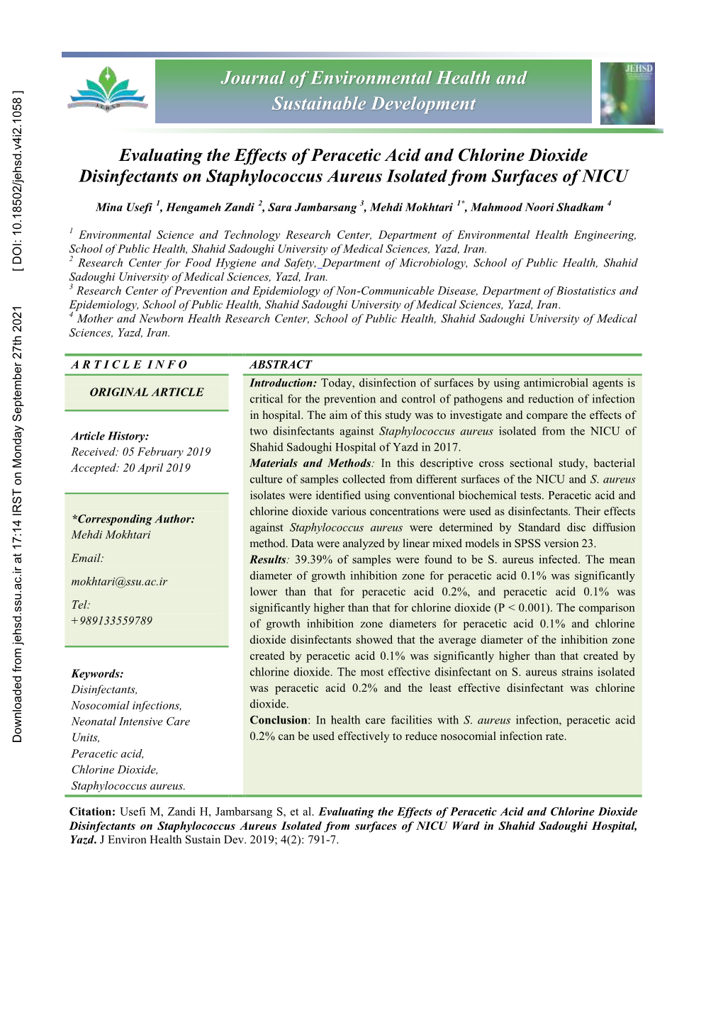 Evaluating the Effects of Peracetic Acid and Chlorine Dioxide Disinfectants on Staphylococcus Aureus Isolated from Surfaces of NICU