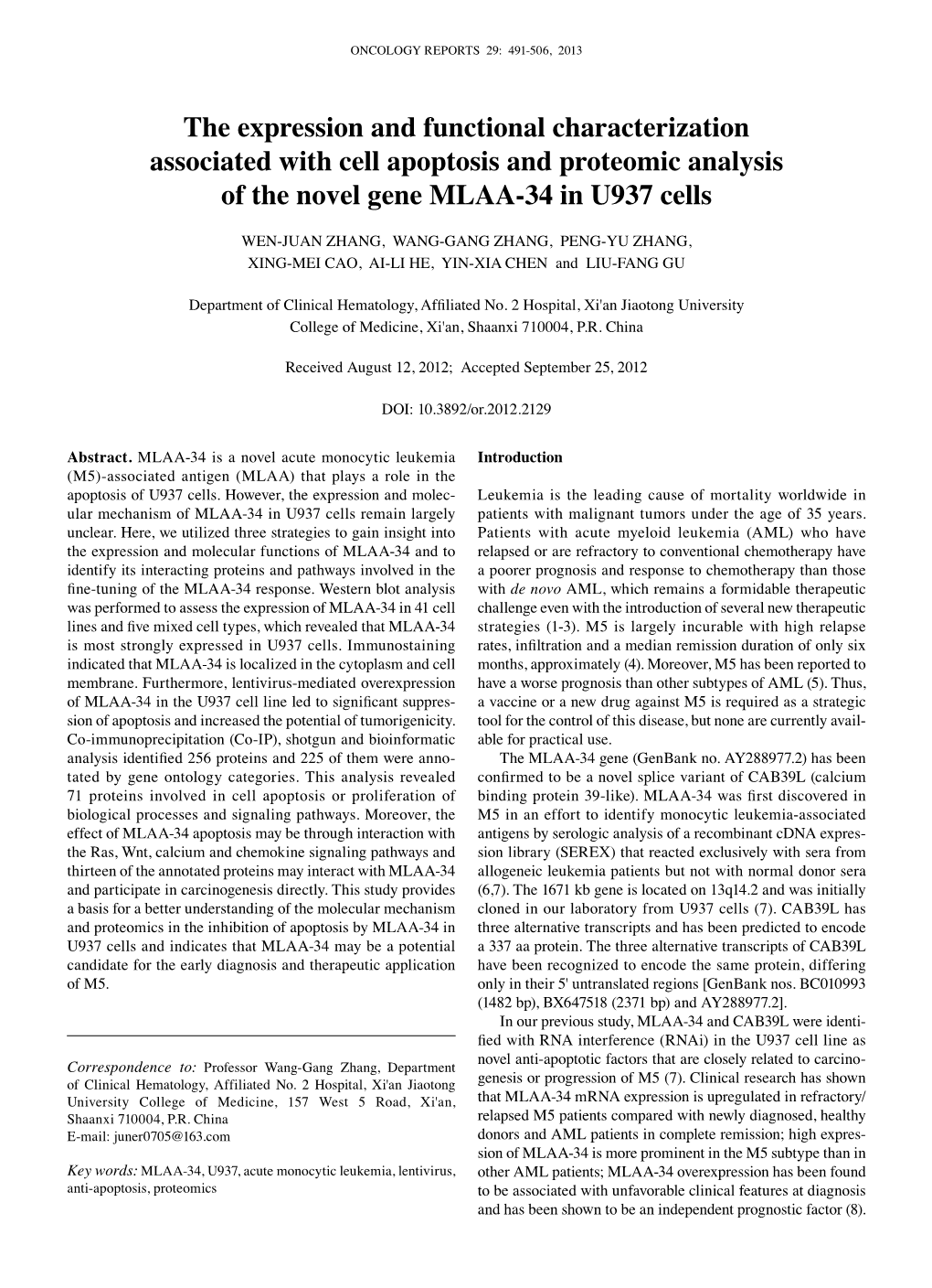 The Expression and Functional Characterization Associated with Cell Apoptosis and Proteomic Analysis of the Novel Gene MLAA-34 in U937 Cells