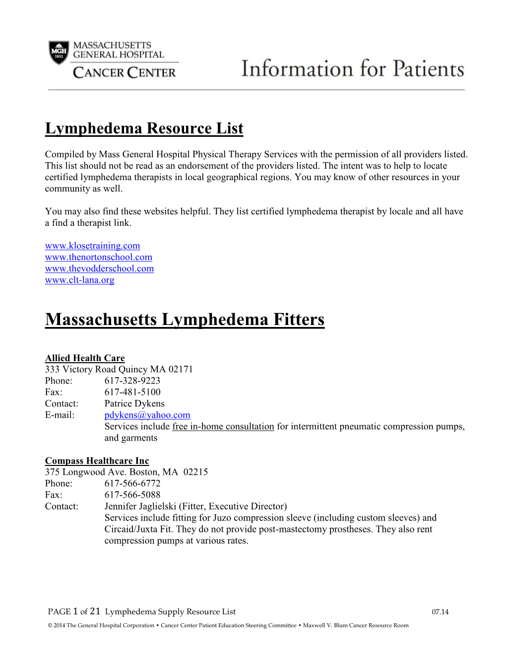 Lymphedema Resource List