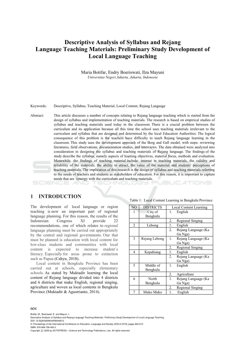 Descriptive Analysis of Syllabus and Rejang Language Teaching Materials: Preliminary Study Development of Local Language Teaching