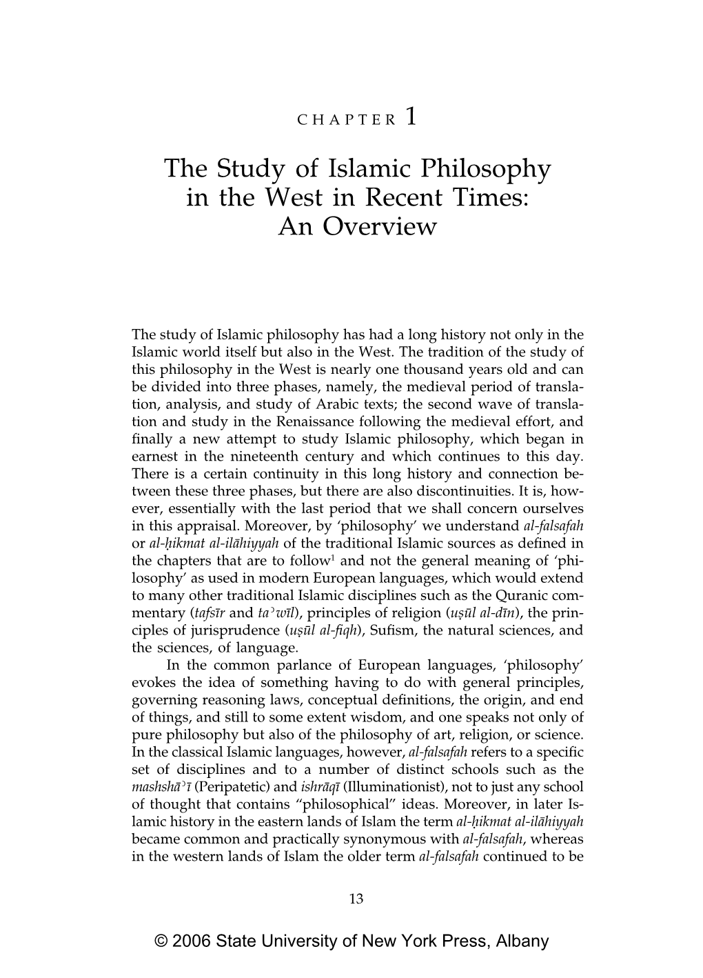 The Study of Islamic Philosophy in the West in Recent Times: an Overview