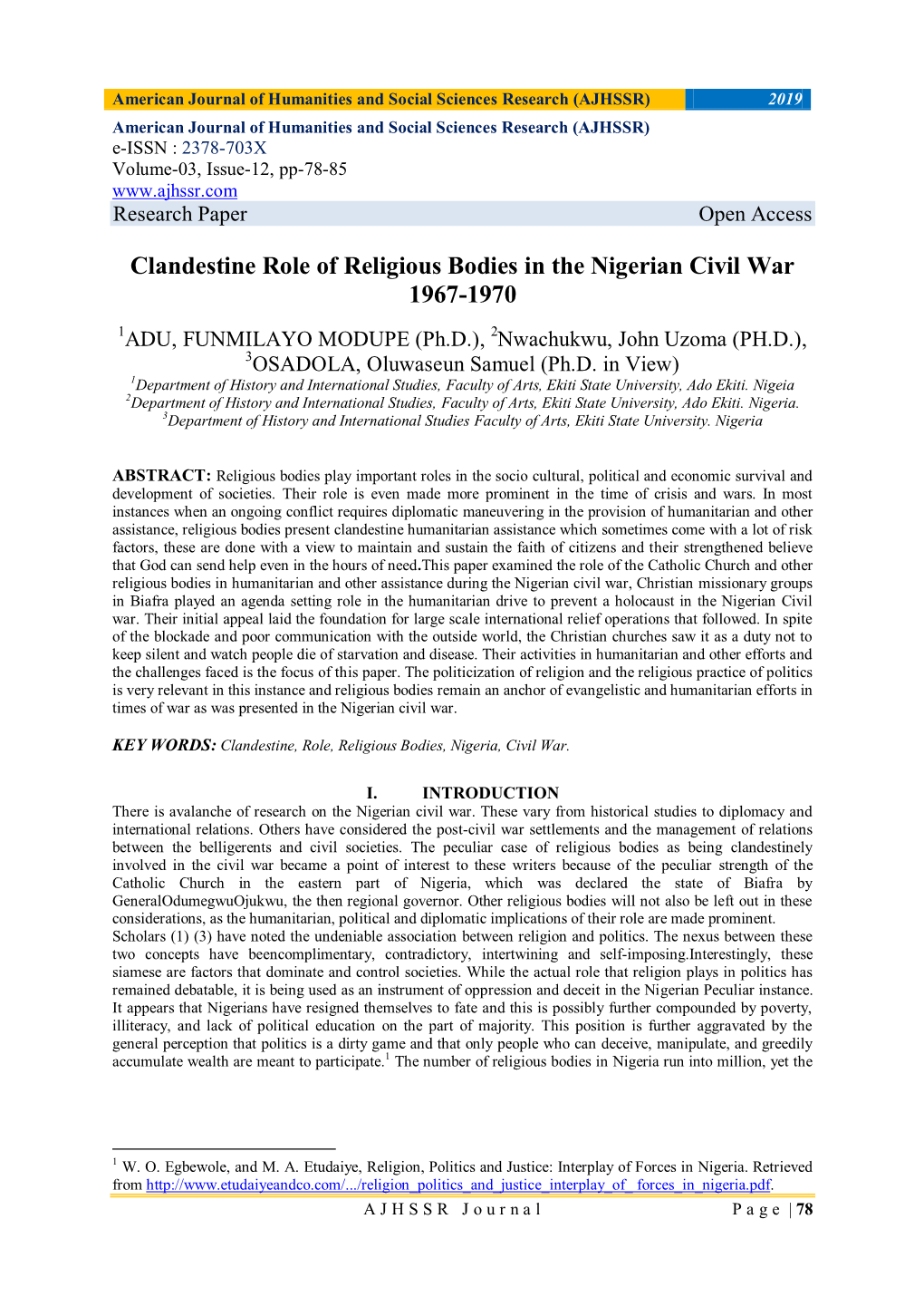 Clandestine Role of Religious Bodies in the Nigerian Civil War 1967-1970