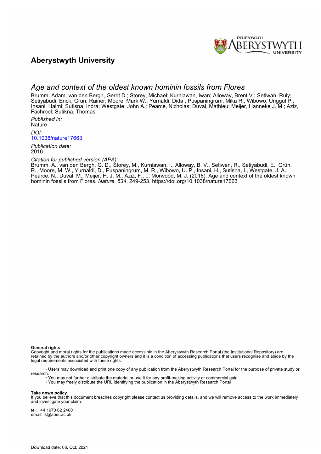 Aberystwyth University Age and Context of the Oldest Known Hominin Fossils from Flores