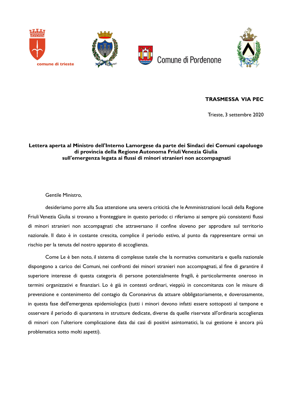 TRASMESSA VIA PEC Trieste, 3 Settembre 2020 Lettera Aperta Al