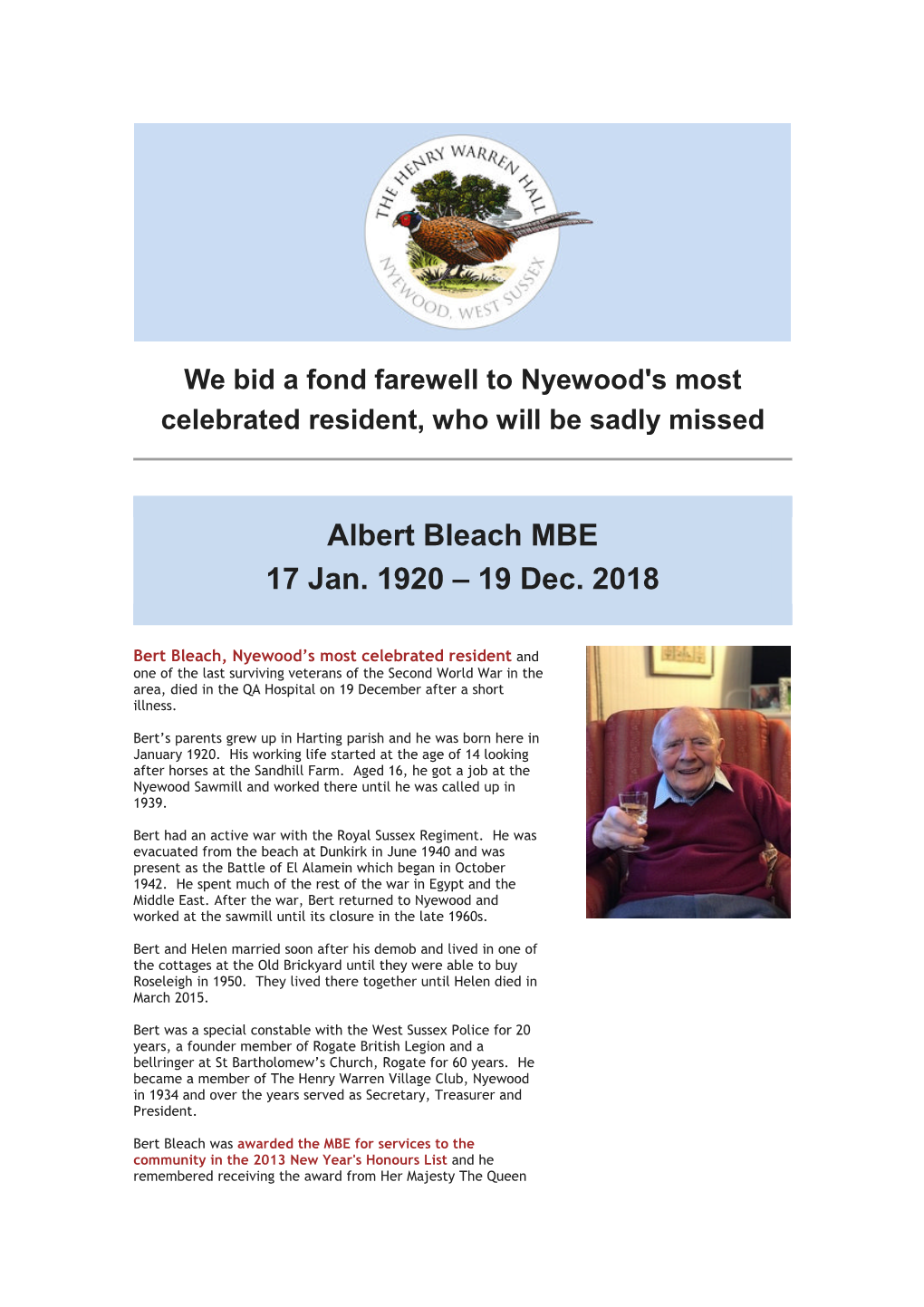 Albert Bleach MBE 17 Jan. 1920 – 19 Dec