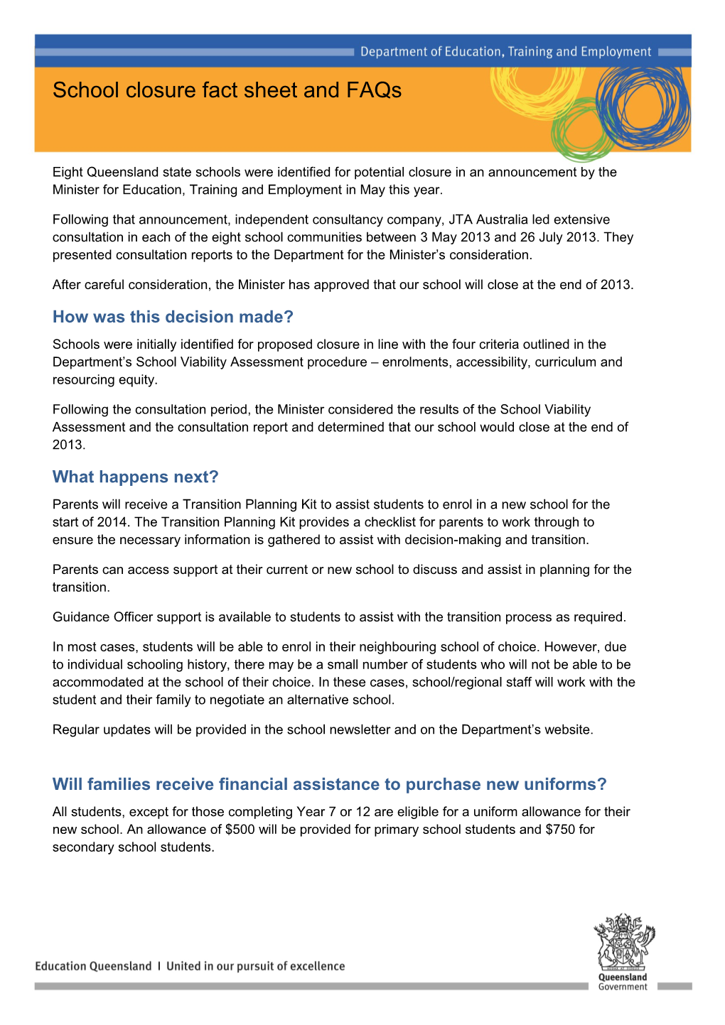 School Closure Fact Sheet and Faqs