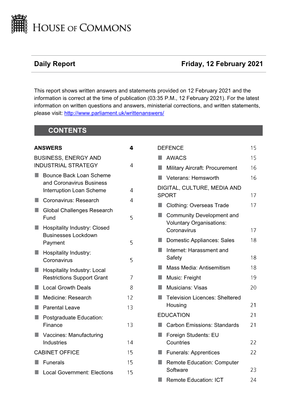 Daily Report Friday, 12 February 2021 CONTENTS