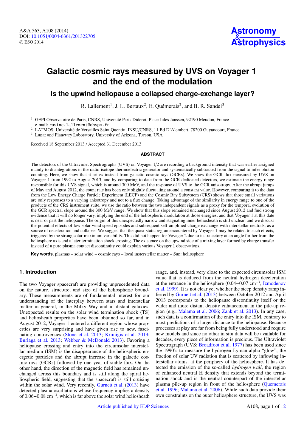 Galactic Cosmic Rays Measured by UVS on Voyager 1 and the End of the Modulation Is the Upwind Heliopause a Collapsed Charge-Exchange Layer?