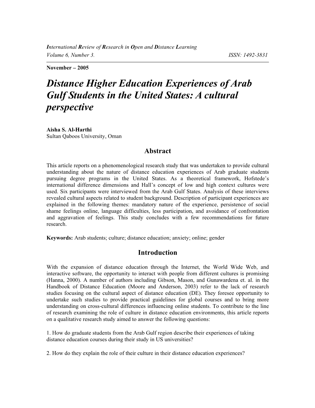 Distance Higher Education Experiences of Arab Gulf Students in the United States: a Cultural Perspective