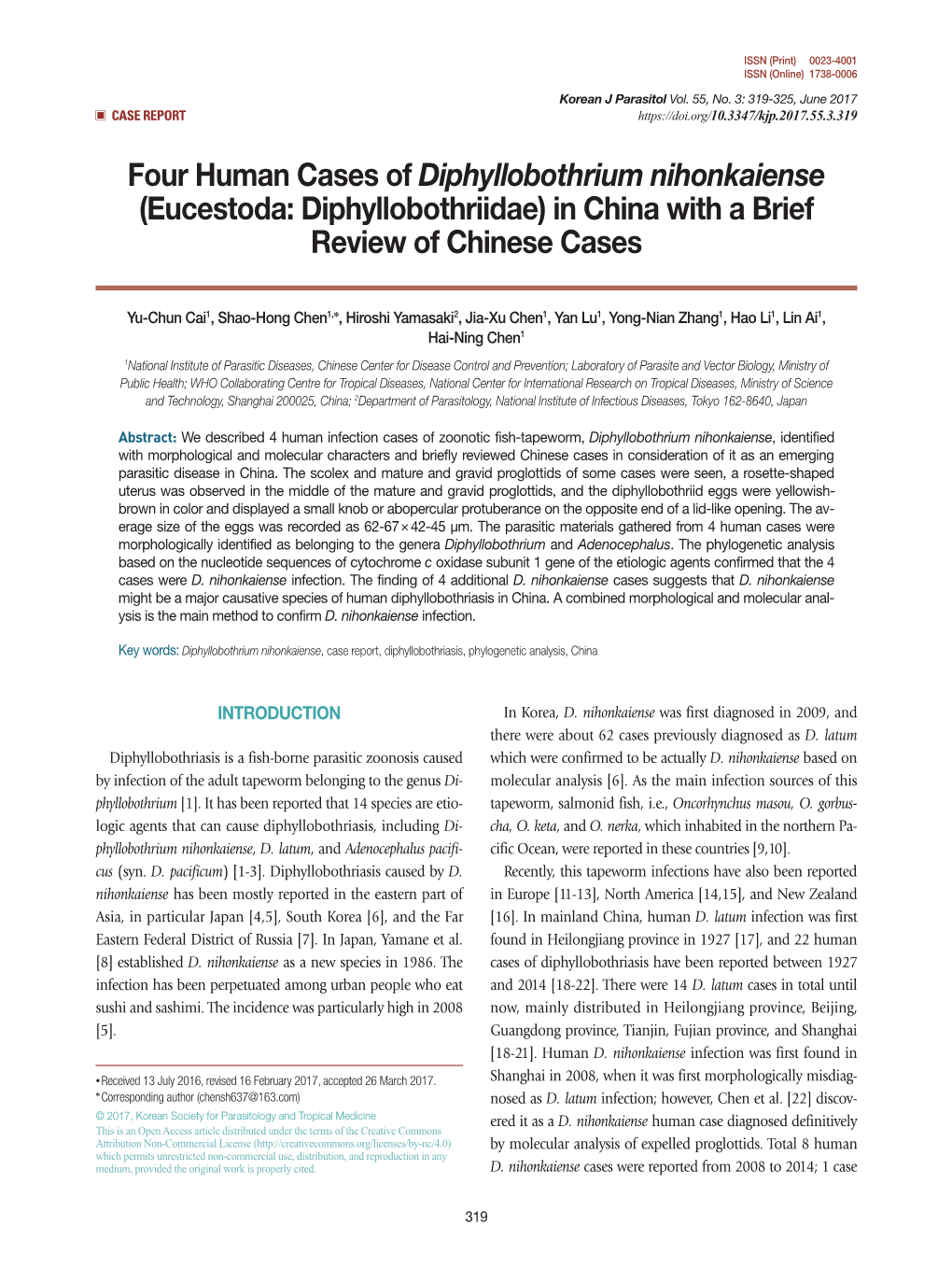 Diphyllobothrium Nihonkaiense (Eucestoda: Diphyllobothriidae) in China with a Brief Review of Chinese Cases