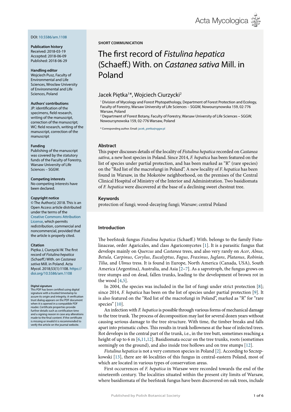 The First Record of Fistulina Hepatica (Schaeff.) With. on Castanea Sativa